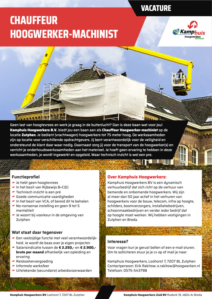 Vacature chauffeur hoogwerker-machinist