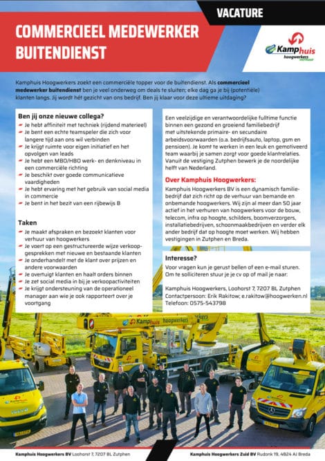 Vacature commercieel medewerker buitendienst- Kamphuis Hoogwerkers